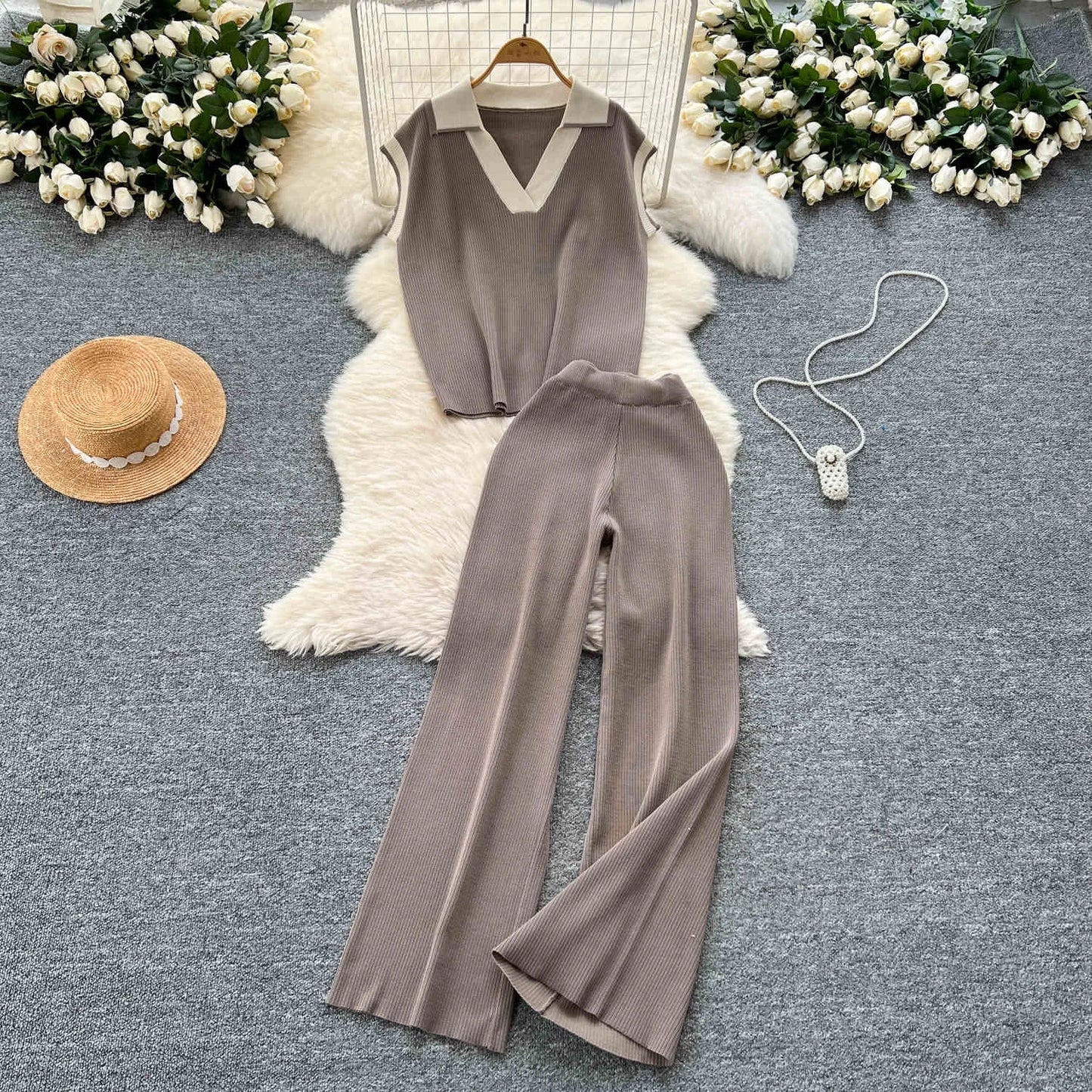 Two-piece Summer Outfit Sleeveless Knitted Top Retro