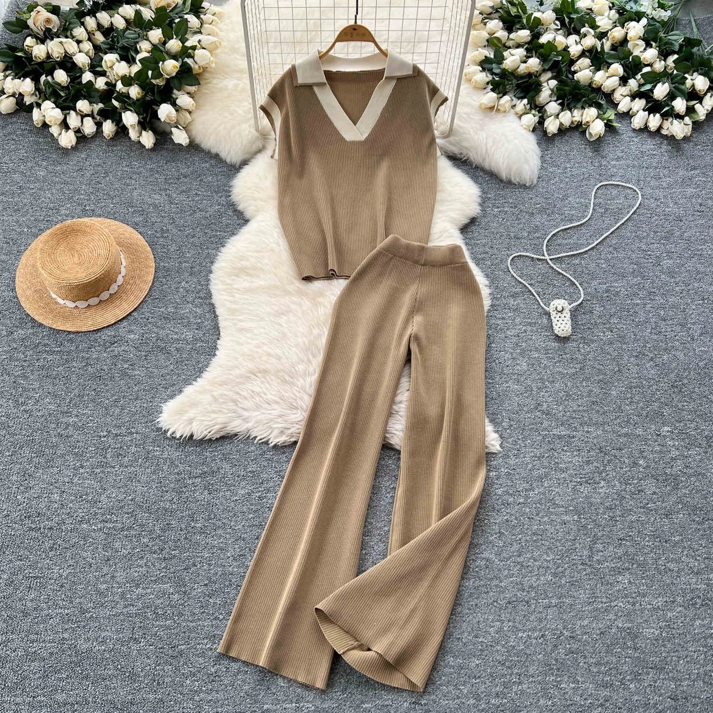 Two-piece Summer Outfit Sleeveless Knitted Top Retro