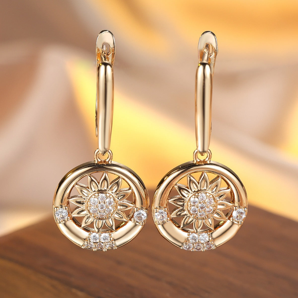 Round White Diamond Sunflower Earrings For Women