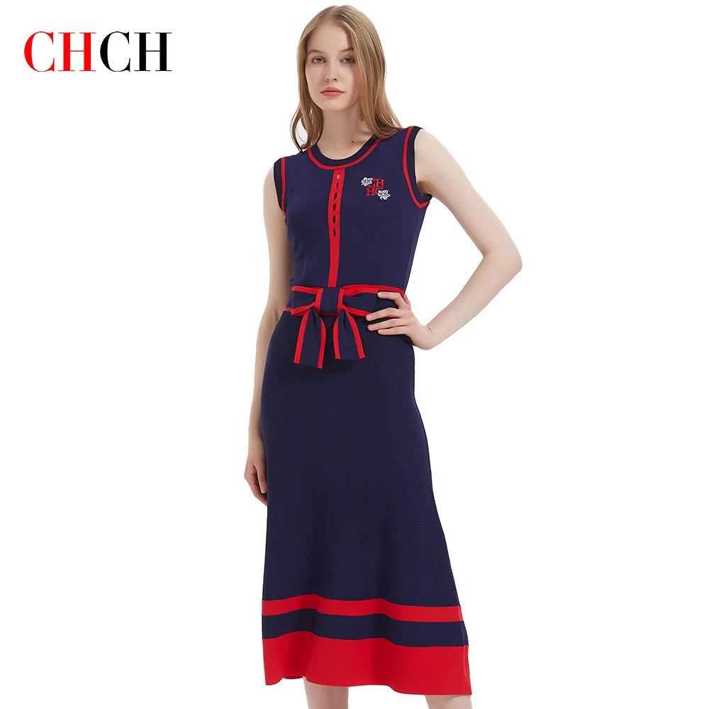 CHCH Women’s Sleeveless Navy Blue Knitted Maxi Dress