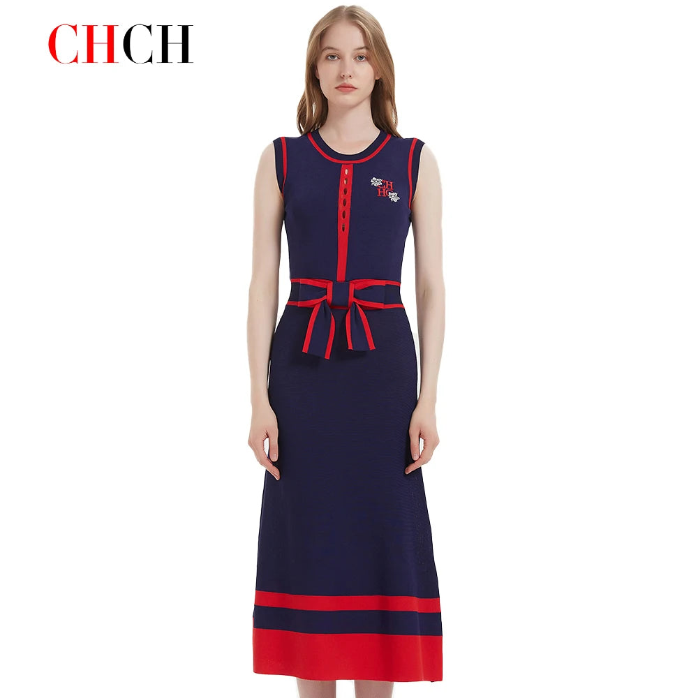 CHCH Women’s Sleeveless Navy Blue Knitted Maxi Dress
