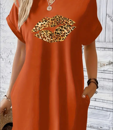 Women'S Fashion Tunic Dress, Crew Neck, Geometric Leopard Print Applique, Short Sleeve, For Spring Summer Fall