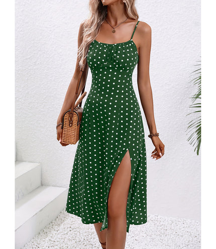 New Polka Dot Print Suspender Dress Summer Sexy Split Long Dresses For Womens Clothing
