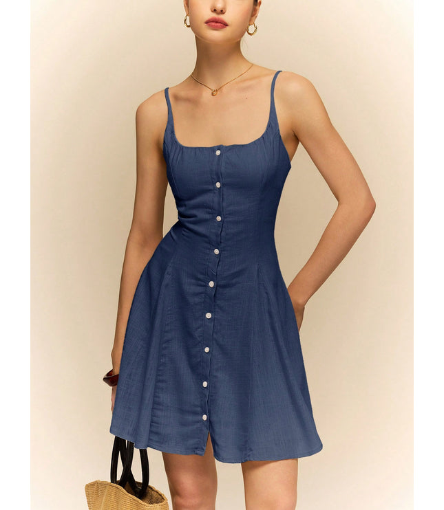 Linen Dress Halter Front Center Button Decoration Comfortable