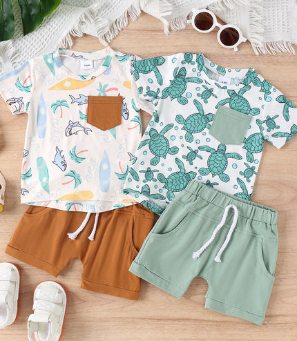 Summer Children's Turtle Shark Print Short Sleeve Suit