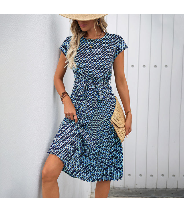 European And American Lace-up Flying Sleeves Printed Round Neck Dress
