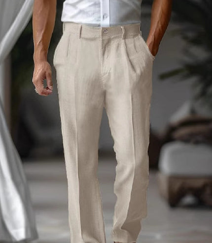 Men's Linen Double Pleated Front Pocket Solid Color Fashion Casual Straight Trousers