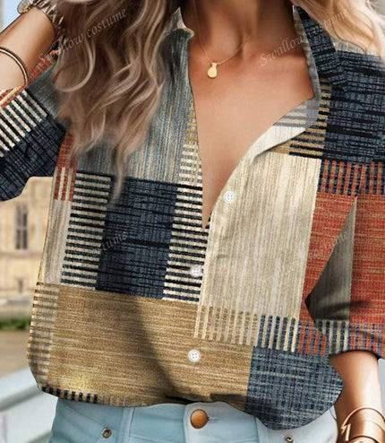 Color Block Button Print Long Sleeve Casual Retro Shirt