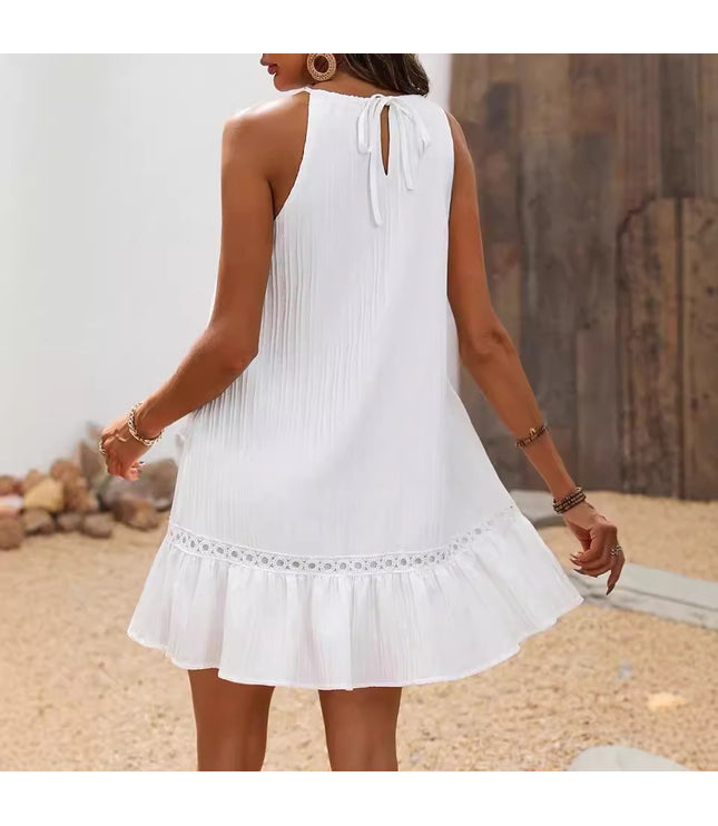 European And American Summer Women's Halter Lace-up Lace Stitching Jacquard Dress