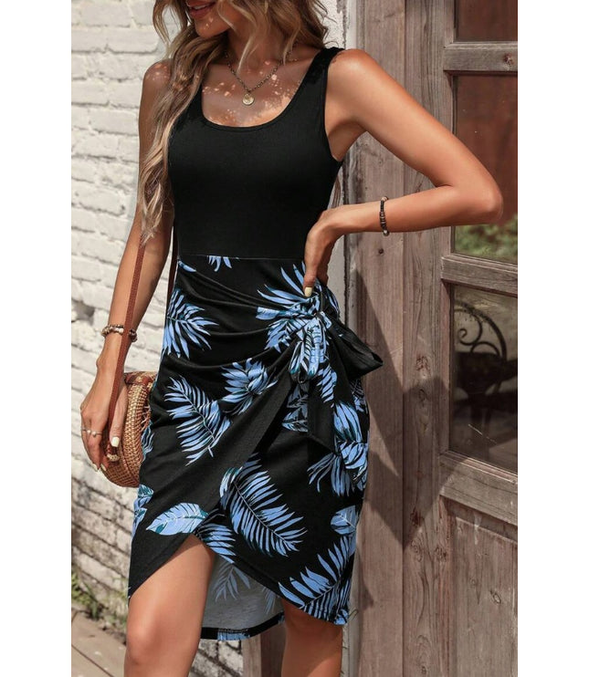Holidaya Tropical Print Knot Side Wrap Hem Dress