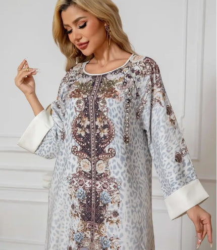 Elegant Floral Print Long Sleeve Abaya Dress