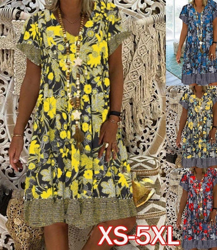 V-neck Printed Short Sleeve Mid-length Dress Plus Size Floral