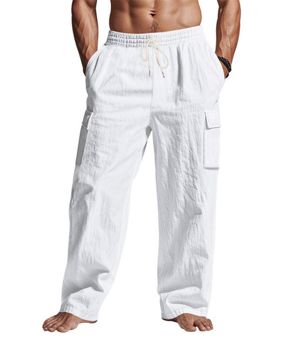 Men's Workwear Multi-pocket Straight Linen Pants Linen Four Seasons Thin Breathable Cargo Pants, Multi-pocket Loose Casual Trendy Wide-leg Pants