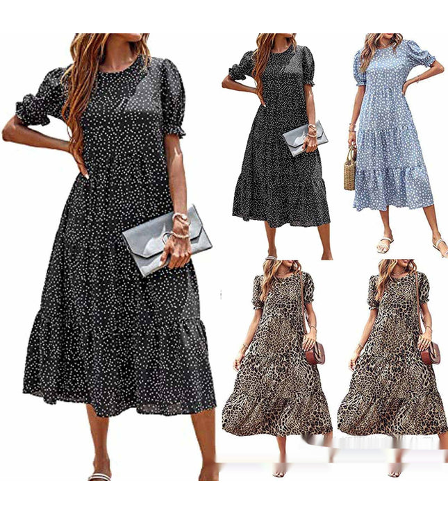 Printed Solid Color Round Neck Short Sleeves Casual Pleated Swing Dress Women