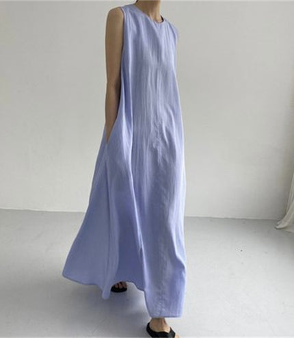 Chic Style Loose Sleeveless Pumpkin Color Long Cotton And Linen Dress