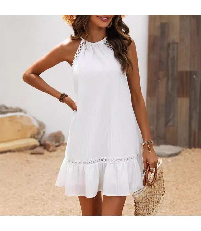 European And American Summer Women's Halter Lace-up Lace Stitching Jacquard Dress