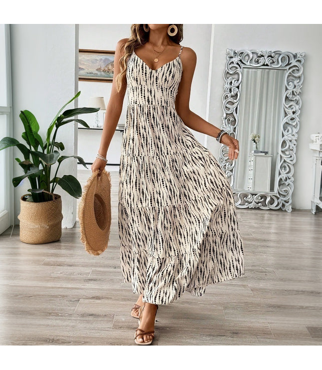 European And American Vacation Style Sling Dress Irregular Stripe Design