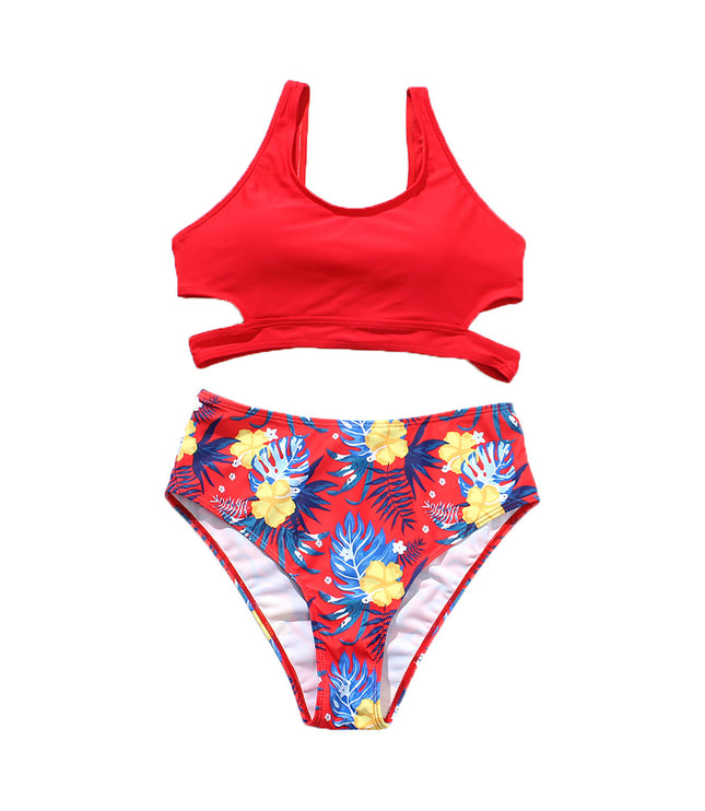 Ladies High Waist Solid Color Printed Swimsuit