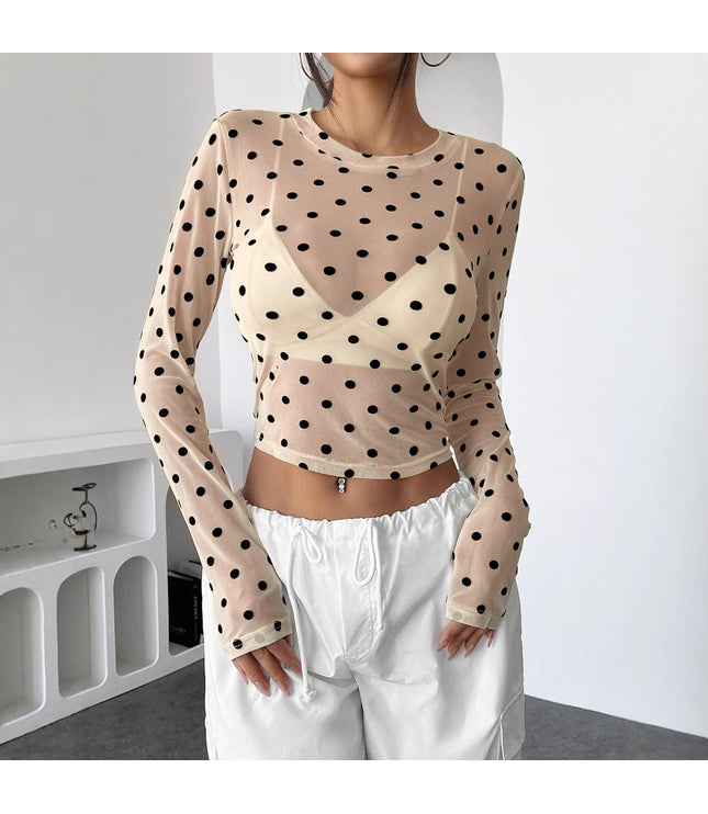 Design Sense See-through Dot Slim Mesh Round Neck Long Sleeve T-shirt