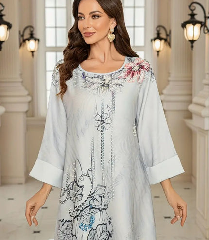 Elegant Floral Print Long Sleeve Abaya Dress
