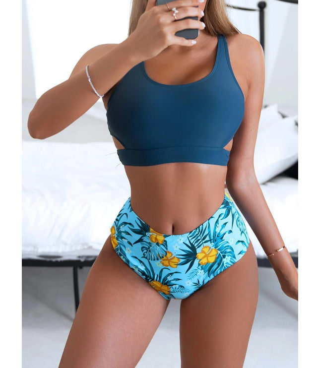 Ladies High Waist Solid Color Printed Swimsuit