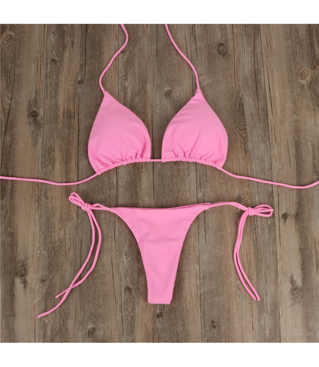 2pcs Halterneck Lace-up Bikini Women Summer Solid Color Sexy Split Strap Adjustable Swimsuit Suit