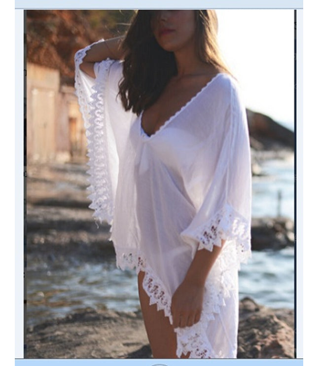 Fashion Solid Color Beach Bikini Lace White Blouse