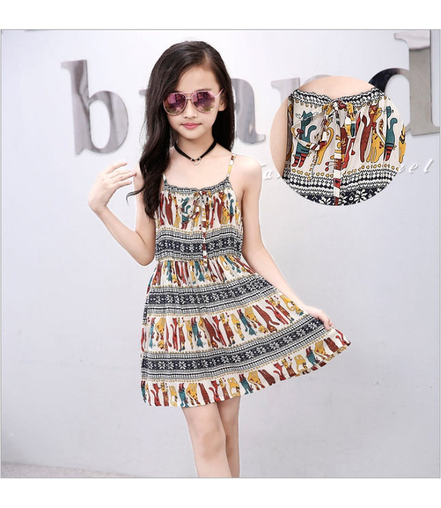 Summer version of the big children's cotton silk dress girl floral dress skirt skirt children's beach skirt