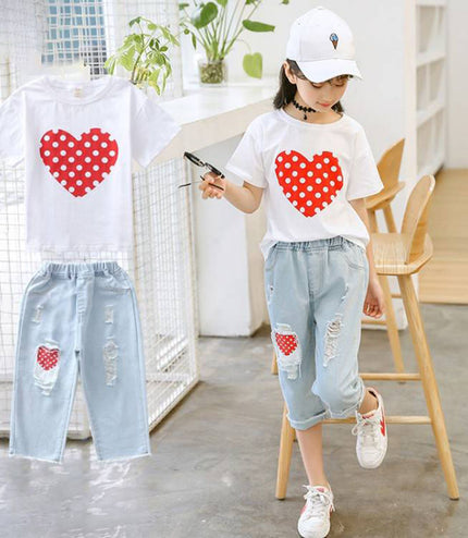 Girls White T-shirt Ripped Jeans Kids Suit