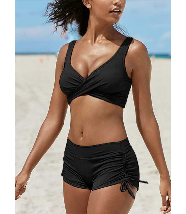 Women's Removable Strap Bandeau Top High Cut Cheeky Bikini Set Swimsuit