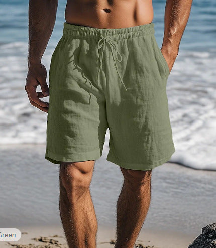 Cotton Linen Shorts Drawstring Elastic Waist Straight Leg