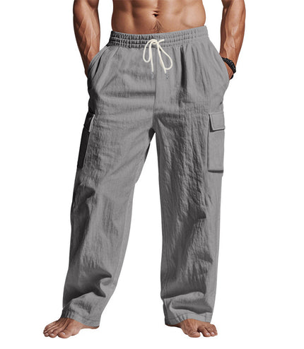 Men's Workwear Multi-pocket Straight Linen Pants Linen Four Seasons Thin Breathable Cargo Pants, Multi-pocket Loose Casual Trendy Wide-leg Pants