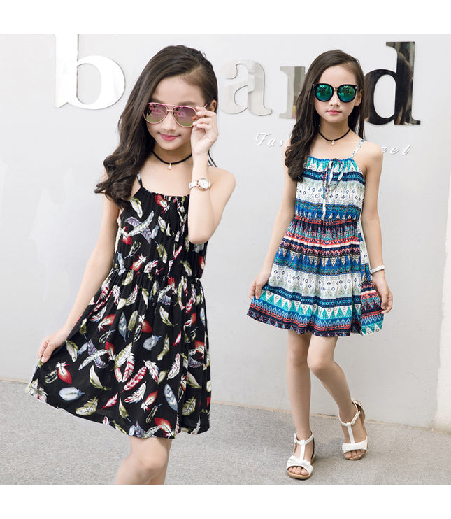Summer version of the big children's cotton silk dress girl floral dress skirt skirt children's beach skirt