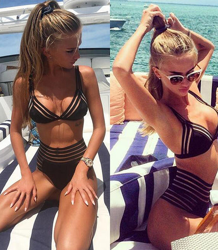 European and American fashion mesh striped sexy perspective split bikini FN006