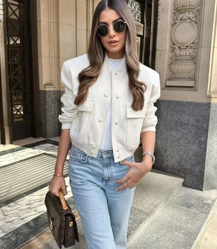 ASDS woman bomber jacket coat White autumn winter button baseball aviator cropped jackets for women long sleeve crop outerwear