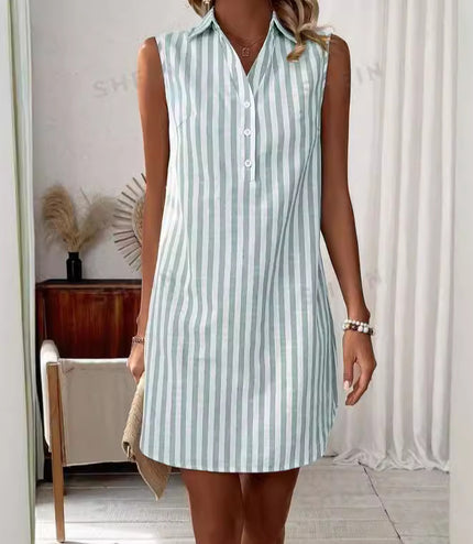 Loose Sleeveless V-neck Buttons Striped Shirt Dress