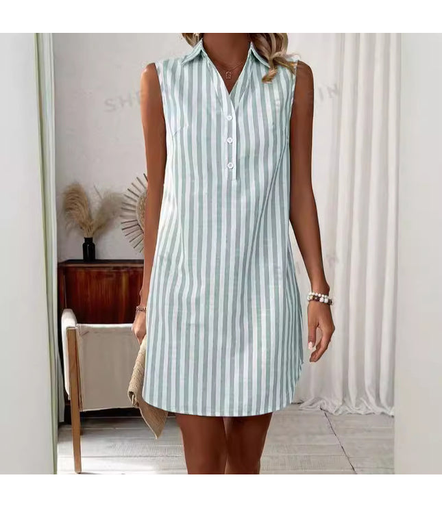 Loose Sleeveless V-neck Buttons Striped Shirt Dress