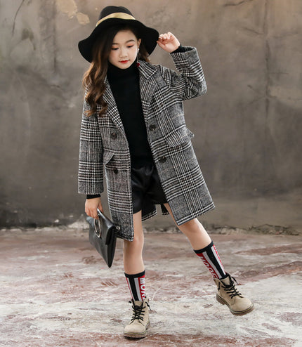 Gray plaid houndstooth coat for girls