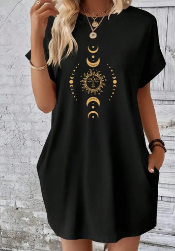 Vibrant Graphic Print Tee Dress - Comfortable Short Sleeve Crew Neck Design, Relaxed Fit, Breathable Fabric, Perfect For Summer & Spring, Women's Casual Clothing
