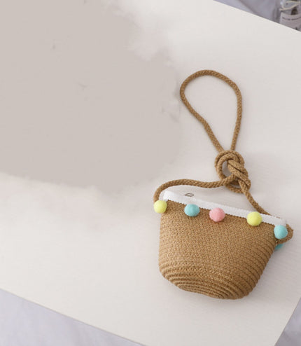 Small Ball Solid Color Children Straw Hat Bag Set