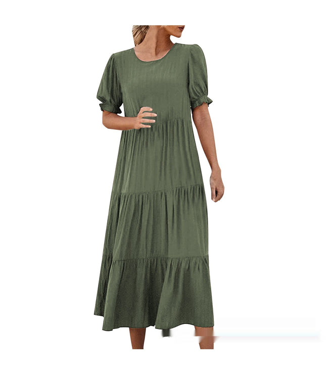 Printed Solid Color Round Neck Short Sleeves Casual Pleated Swing Dress Women