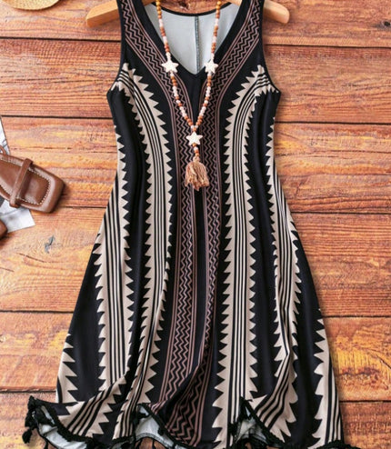 Plus Size Summer Casual Geometric Print V-Neck Fringed Hem Sleeveless Dress