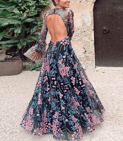 European And American New Foreign Trade Women'S Wish Amazon Sexy Backless Slim Fashion Printed Mid-Waist Dress