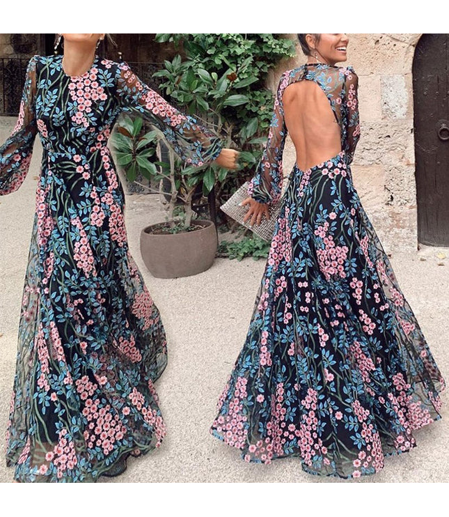 European And American New Foreign Trade Women'S Wish Amazon Sexy Backless Slim Fashion Printed Mid-Waist Dress