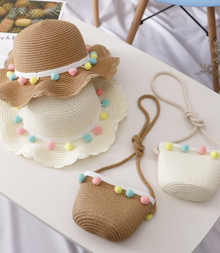 Small Ball Solid Color Children Straw Hat Bag Set