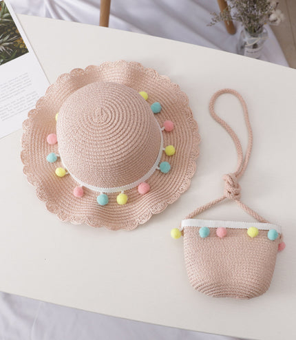 Small Ball Solid Color Children Straw Hat Bag Set