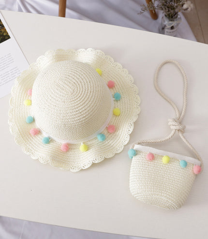 Small Ball Solid Color Children Straw Hat Bag Set