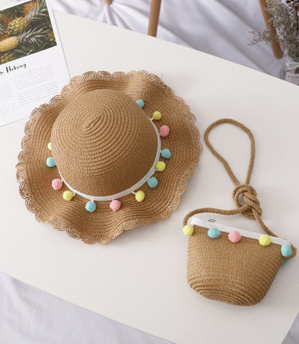 Small Ball Solid Color Children Straw Hat Bag Set