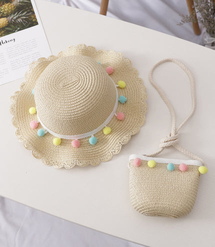 Small Ball Solid Color Children Straw Hat Bag Set