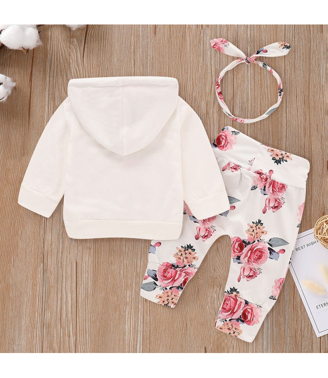 Girls hooded top floral three-piece suit